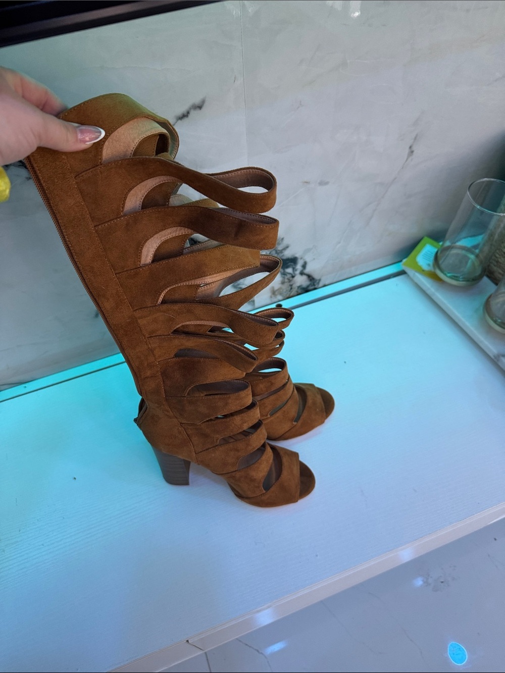 Women's Tan Suede Gladiator Knee-High Heels - Picture 2 of 4